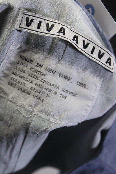 Viva Aviva Womens Cotton Silk Chambray Ruffled Crew Neck Crop Top Blue Size P