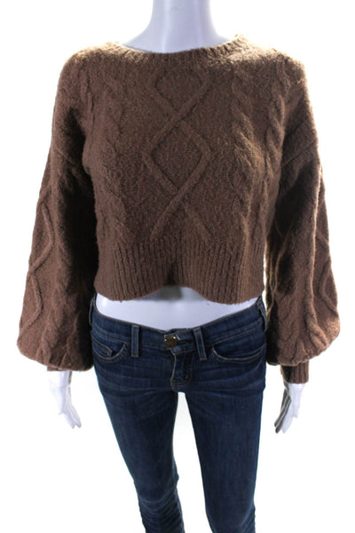 Tularosa Womens Cable Knit Crew Neck Long Sleeve Crop Sweater Top Taupe Size XS
