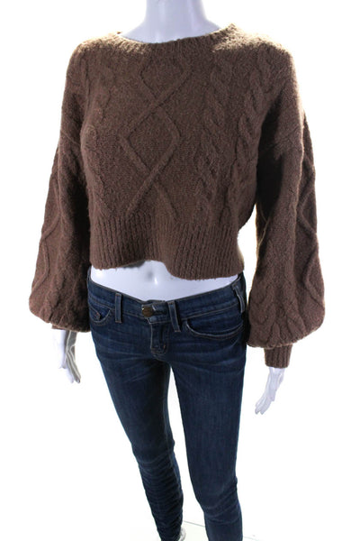 Tularosa Womens Cable Knit Crew Neck Long Sleeve Crop Sweater Top Taupe Size XS