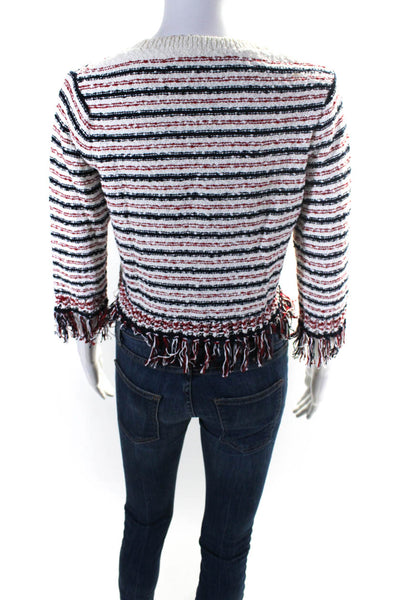 Club Monaco Womens Cotton Knit Striped Fringe Hem Sweater Top White Size S