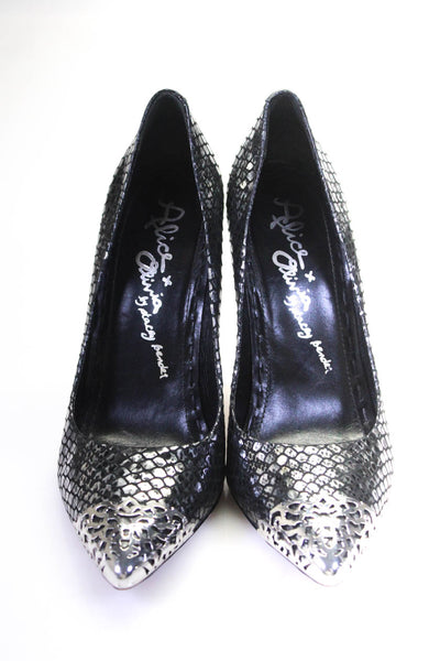 Alice + Olivia Womens Snakeskin Print Pointed Toe Pumps Black Silver Size 37 7