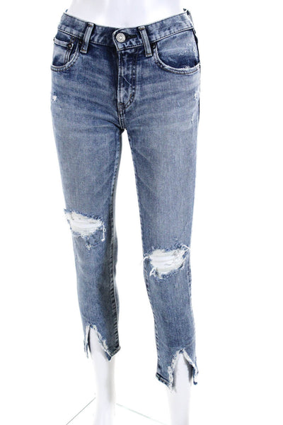 Moussy Womens Cotton Light Wash Distress Buttoned Skinny Jeans Blue Size EUR24