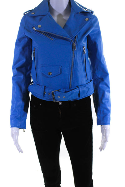 Zara Womens Zipped Collared Buckled Belt Motorcycle Jacket Blue Size XS