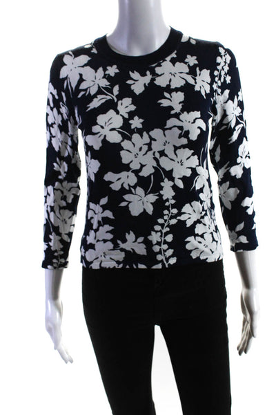 Michael Michael Kors Womens 3/4 Sleeve Crew Neck Floral Shirt Navy Blue Small