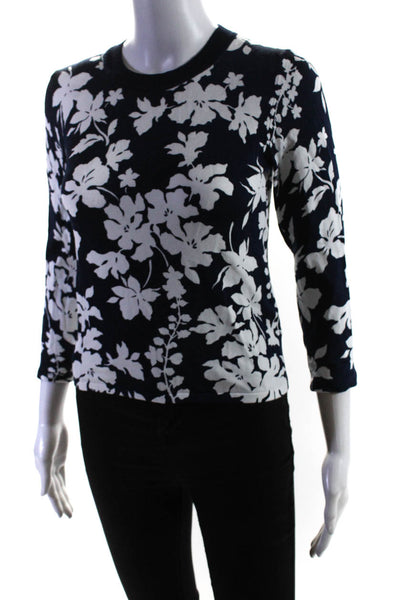 Michael Michael Kors Womens 3/4 Sleeve Crew Neck Floral Shirt Navy Blue Small