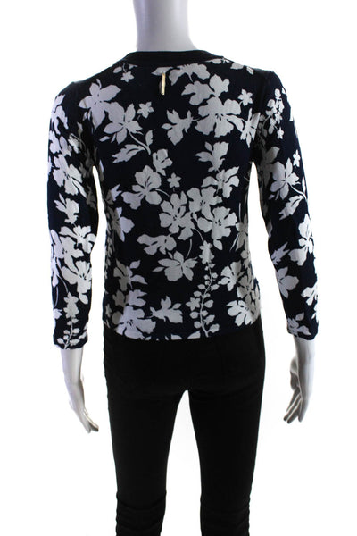 Michael Michael Kors Womens 3/4 Sleeve Crew Neck Floral Shirt Navy Blue Small