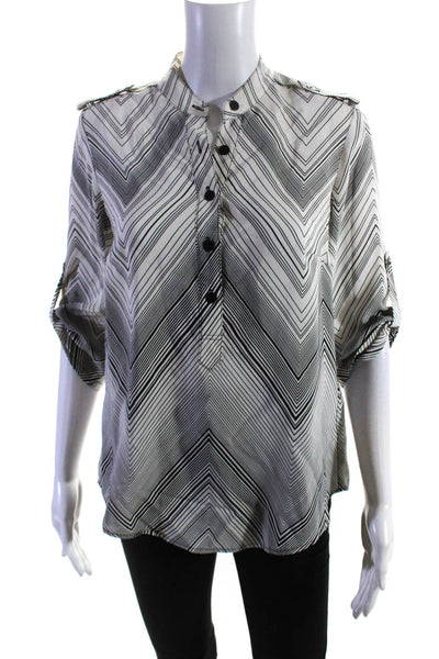 Trina Turk Womens 100% Silk 3/4 Sleeved Button Down Shirt White Black Size M