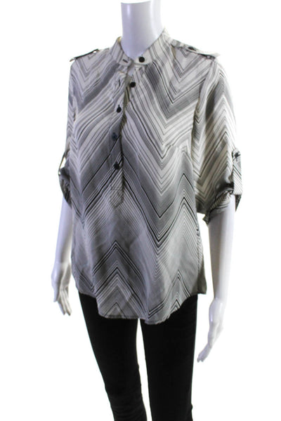 Trina Turk Womens 100% Silk 3/4 Sleeved Button Down Shirt White Black Size M