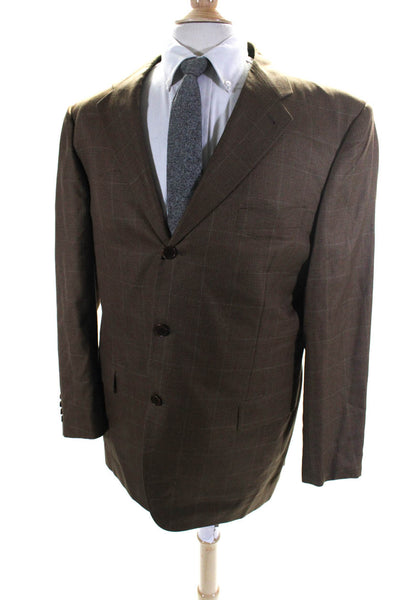 Zanella Mens Silk Window Pane Striped Button Long Sleeve Blazer Brown Size EUR44