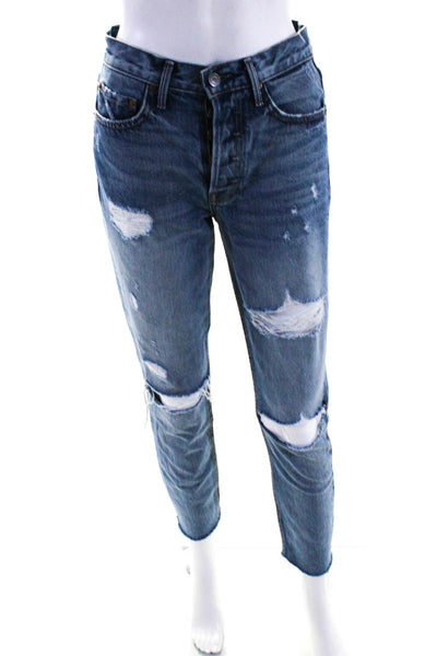 Grlfrnd Womens Distressed Denim Button Fly Straight Leg Jeans Pants Blue Size 25