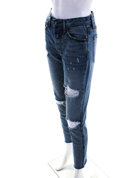 Grlfrnd Womens Distressed Denim Button Fly Straight Leg Jeans Pants Blue Size 25