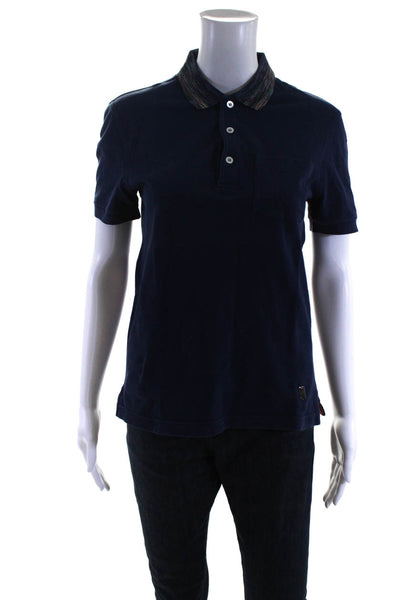 Missoni Orange Label Womens Cotton Knit Short Sleeve Polo Shirt Blue Size XS