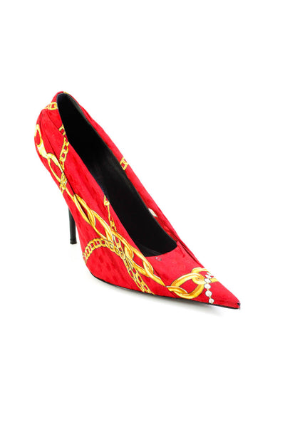 Balenciaga Womens Draped Satin Chain Printed Pointed Toe Pumps Red Size 38 8