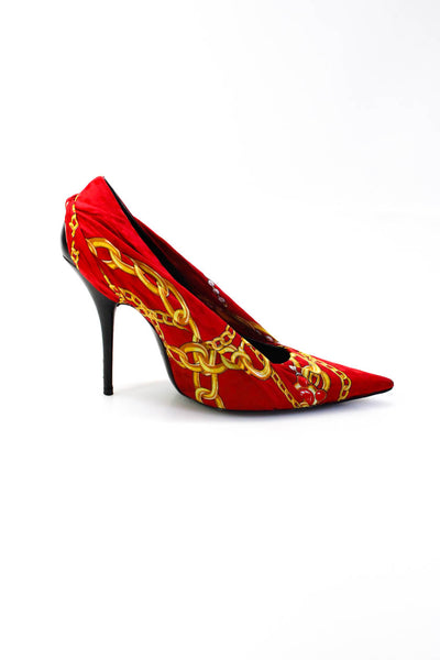 Balenciaga Womens Draped Satin Chain Printed Pointed Toe Pumps Red Size 38 8
