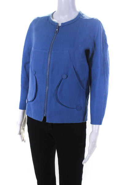 Marc Jacobs Womens Crew Neck Twill Full Zip Jacket Blue Wool Size 4