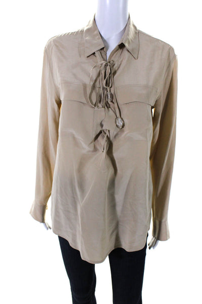 Equipment Femme Womens Silk Georgette Long Sleeve Lace Up Blouse Beige Size S