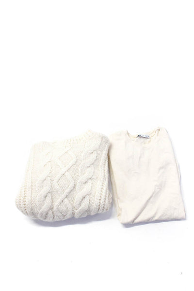 Zara Women's Crewneck Short Sleeves Cable Knit Sweater Cream Size M Lot 2