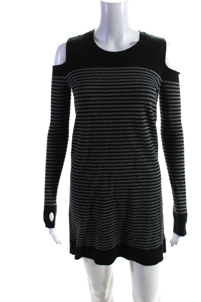 Acrobat Womens Cotton Knit Striped Print Cold Shoulder Dress Black Gray Size XS