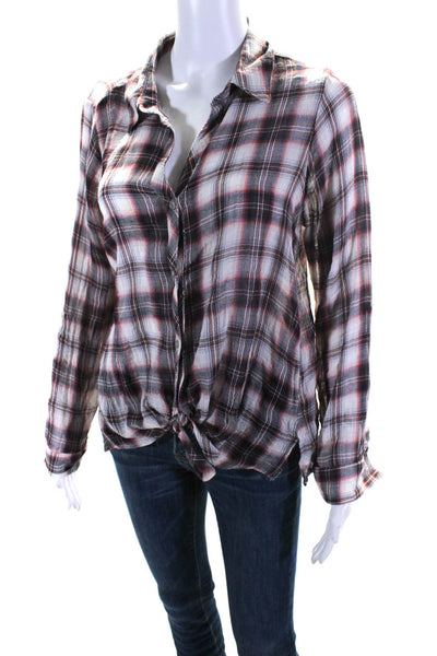 Maven West Women's Collar Long Sleeves Button Down Plaid Blouse Size S