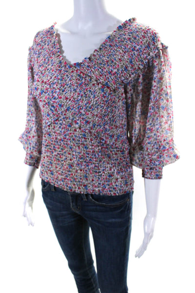 BB Dakota Woman's V-Neck Long Sleeves Smocked Floral Blouse Size M