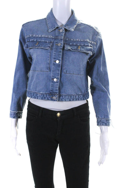 Tractr Womens Stretch Denim Collared Button Up Crop Jean Jacket Blue Size XL
