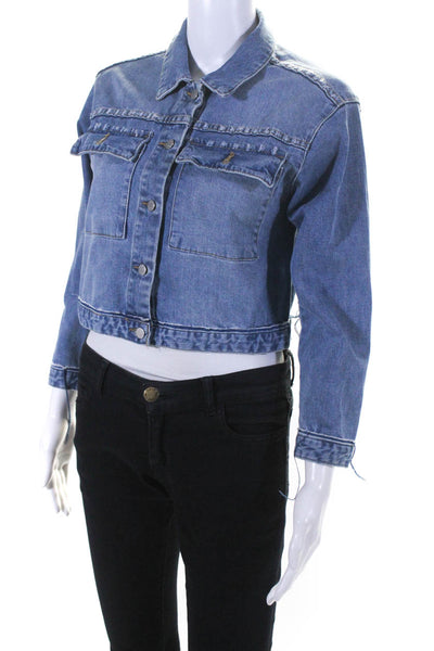 Tractr Womens Stretch Denim Collared Button Up Crop Jean Jacket Blue Size XL