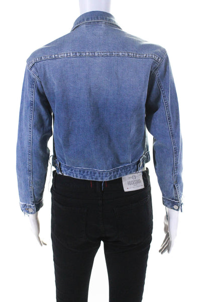 Tractr Womens Stretch Denim Collared Button Up Crop Jean Jacket Blue Size XL