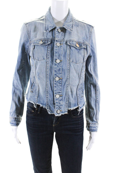 Blank NYC Women's Cotton Distressed Raw Hem Denim Jacket Blue Size S