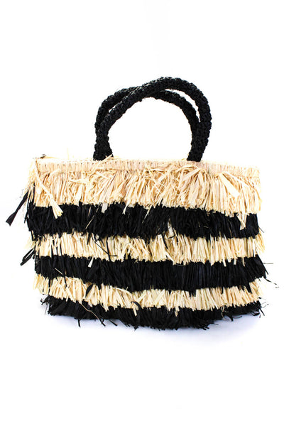 Shebobo Raffia Woven Fringe Trim Double Handle Shoulder Handbag Beige Black