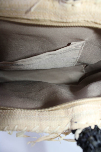 Shebobo Raffia Woven Fringe Trim Double Handle Shoulder Handbag Beige Black