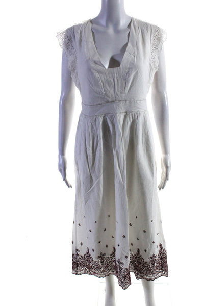 Point Sur Womens Cotton Eyelet Floral Embroidered Mid-Calf Sundress White Size 8