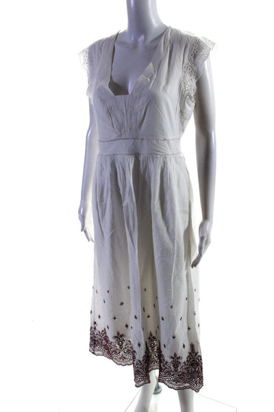 Point Sur Womens Cotton Eyelet Floral Embroidered Mid-Calf Sundress White Size 8