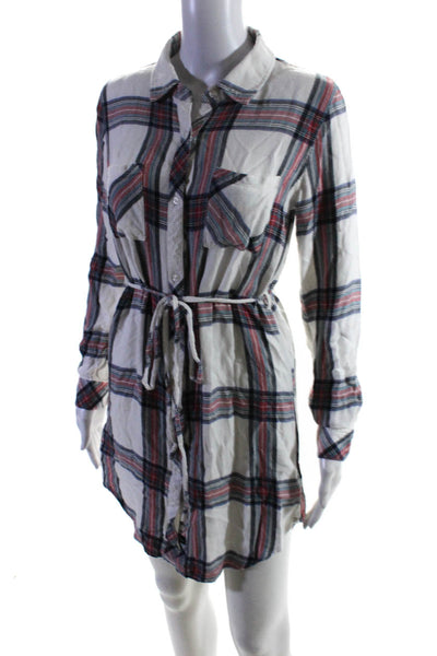 Rails Womens Plaid Long Sleeved Collared Tied Shirt Dress White Red Blue Size S