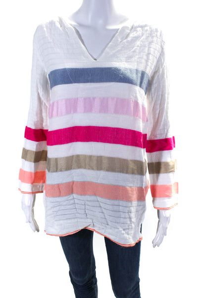 Lemlem Womens Striped V Neck Hooded Thin Long Sleeved Shirt White Pink Size XS