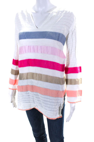 Lemlem Womens Striped V Neck Hooded Thin Long Sleeved Shirt White Pink Size XS