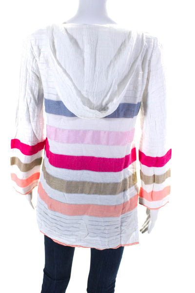 Lemlem Womens Striped V Neck Hooded Thin Long Sleeved Shirt White Pink Size XS