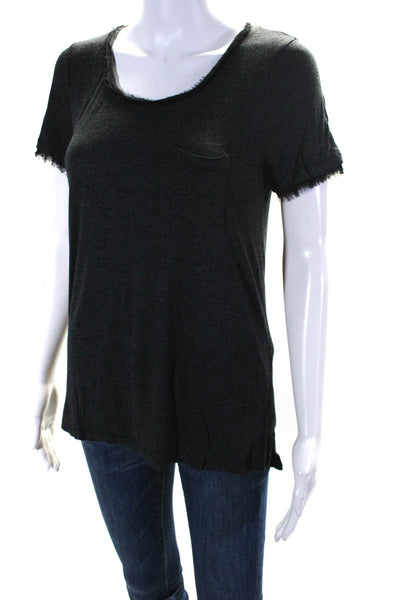 Vince Womens Frayed Hem Short Sleeved Round Neck T Shirt Top Gray Black Size S