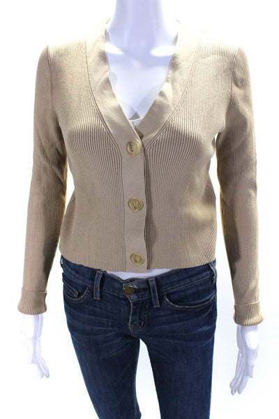 525 Women's V-Neck Long Sleeve Button Down Knit Top Beige Size M