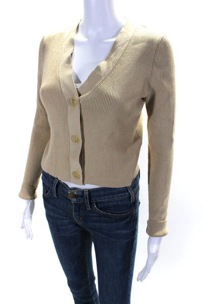 525 Women's V-Neck Long Sleeve Button Down Knit Top Beige Size M