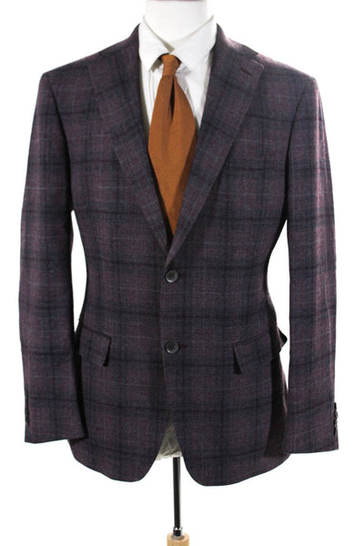 Tallia Mens Wool Plaid Print Button Collar Long Sleeve Blazer Purple Size EUR40