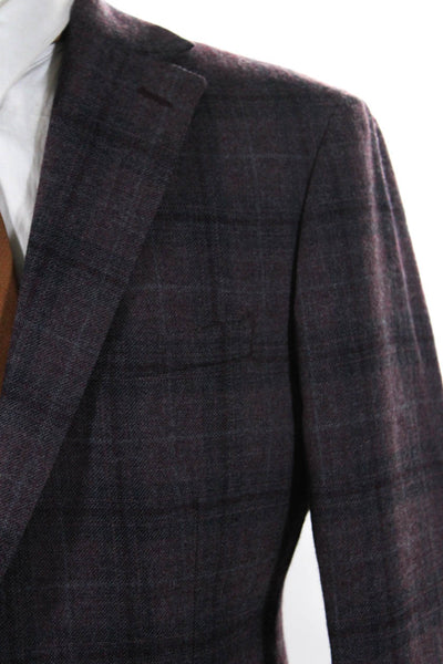 Tallia Mens Wool Plaid Print Button Collar Long Sleeve Blazer Purple Size EUR40