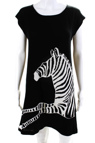 Tibi Womens Zebra Sleeveless Tight Knit Short Shift Dress Black White Size M