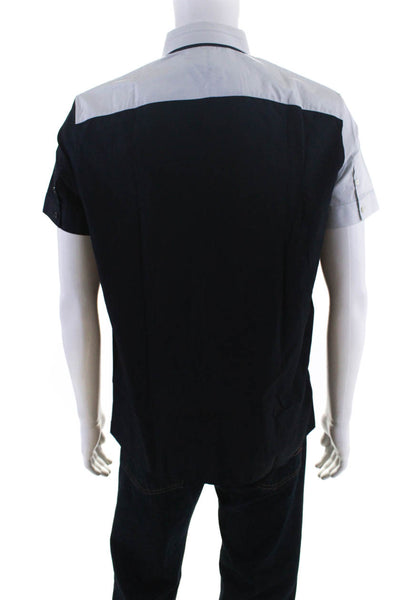 Neil Barrett Mens Cotton Colorblock Button Short Sleeve Collar Top Black Size S
