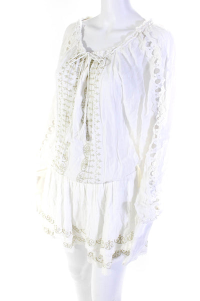 OndadeMar Womens Textured Long Sleeve V-Neck Ruffled Hem Blouse White Size L