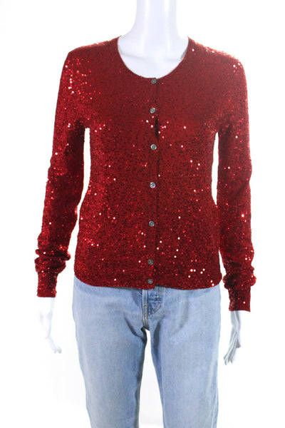 DKNY Womens Crew Neck Sequin Button Up Cardigan Sweater Red Size Petite