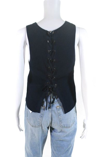 Intermix Womens Sleeveless Lace Up Back Ribbed Top Navy Blue Size Small