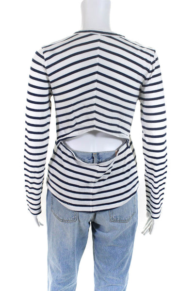 ALC Womens Long Sleeve Crew Neck Striped Tee Shirt White Navy Blue Size Small