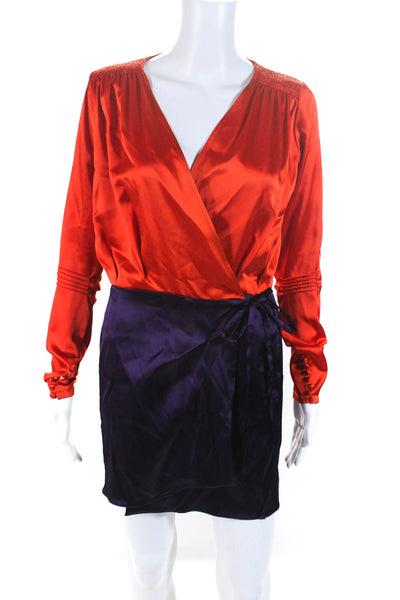 Attico Womens Short Sleeve Tie Front Satin Wrap Dress Orange Purple Size 0