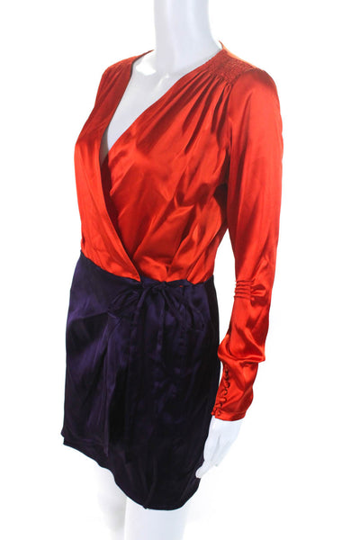 Attico Womens Short Sleeve Tie Front Satin Wrap Dress Orange Purple Size 0