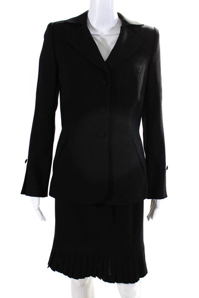 Susanna Womens Three Button Notched Lapel Pleated Skirt Suit Black Wool Size 4